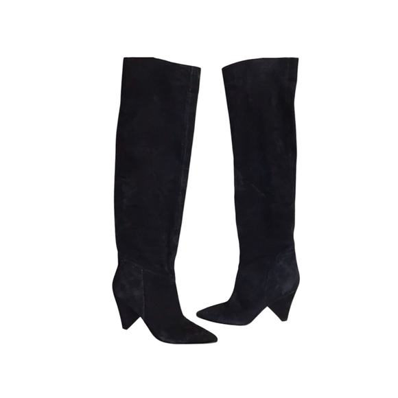 Marc Fisher Women Over the Knee boot Sz. 8 Black Suede Triangle heel Edgy Vamp - Picture 1 of 11